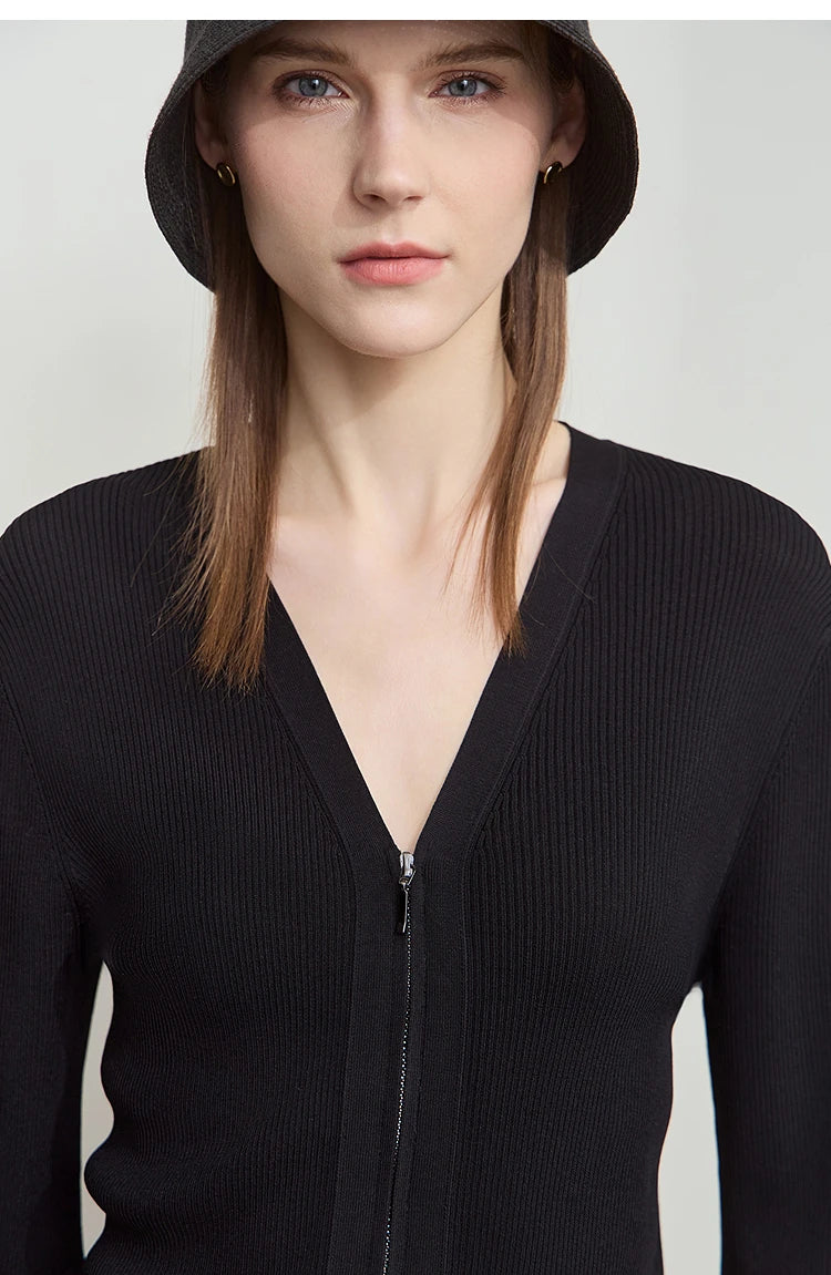 Damen V-Ausschnitt Strickjacke Slim Reißverschluss Viskose Herbst