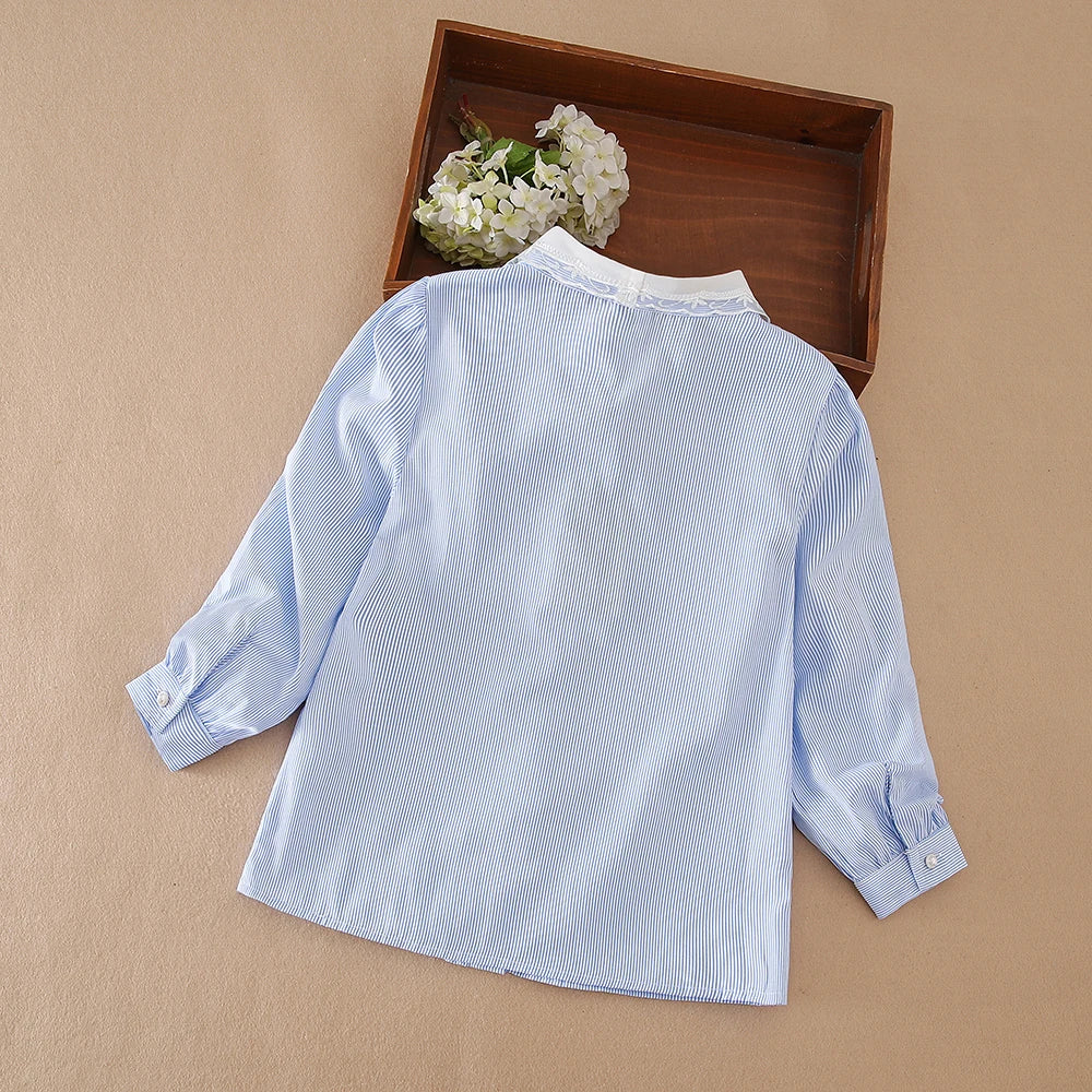 Mädchen-Langarmshirt, Kinder-Bluse mit Spitzenkragen, passend für Kinder im Alter von 5 bis 12 Jahren, 100 % Baumwolle, blau gestreifte Kleidung für Kinder