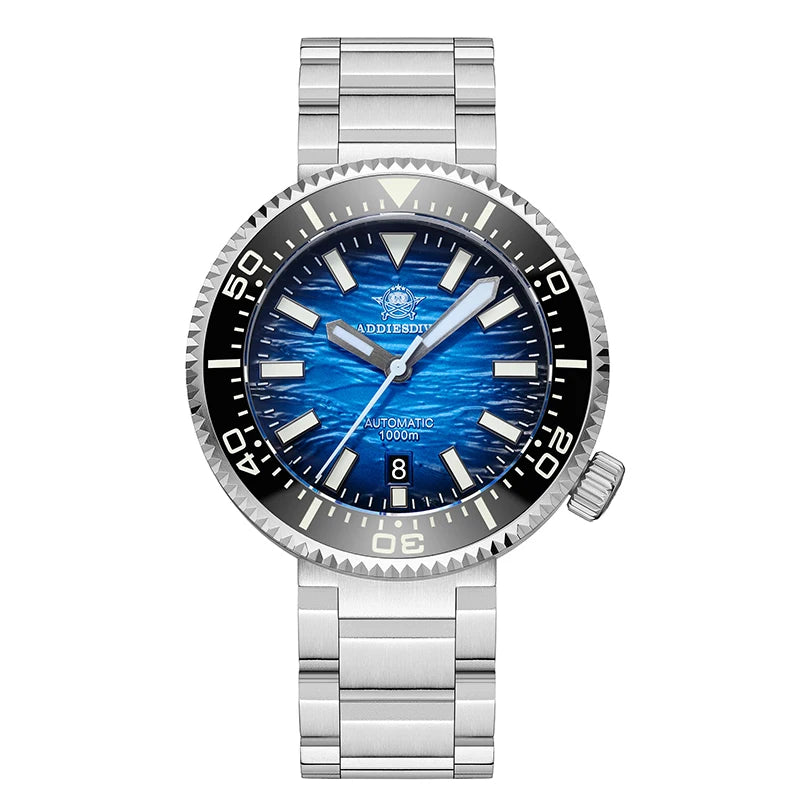 Herren-Taucheruhr mit silbernem Metallband, schwarzer Lünette und blauem Zifferblatt (Automatik 1000 m)