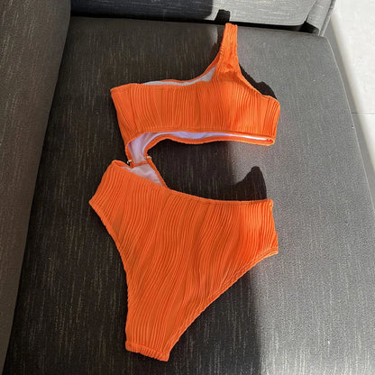 Damen Badeanzug asymmetrisch Cut-Out gerüscht One-Shoulder gepolstert