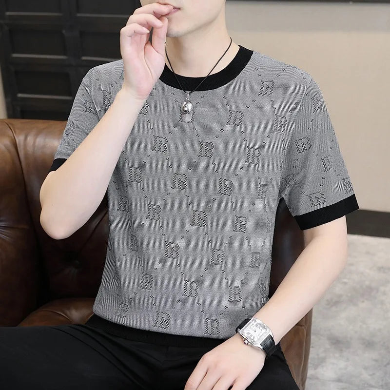 Herren Kurzarm T-Shirt aus Jacquard gestricktem Material im Retro-Stil für Sommer