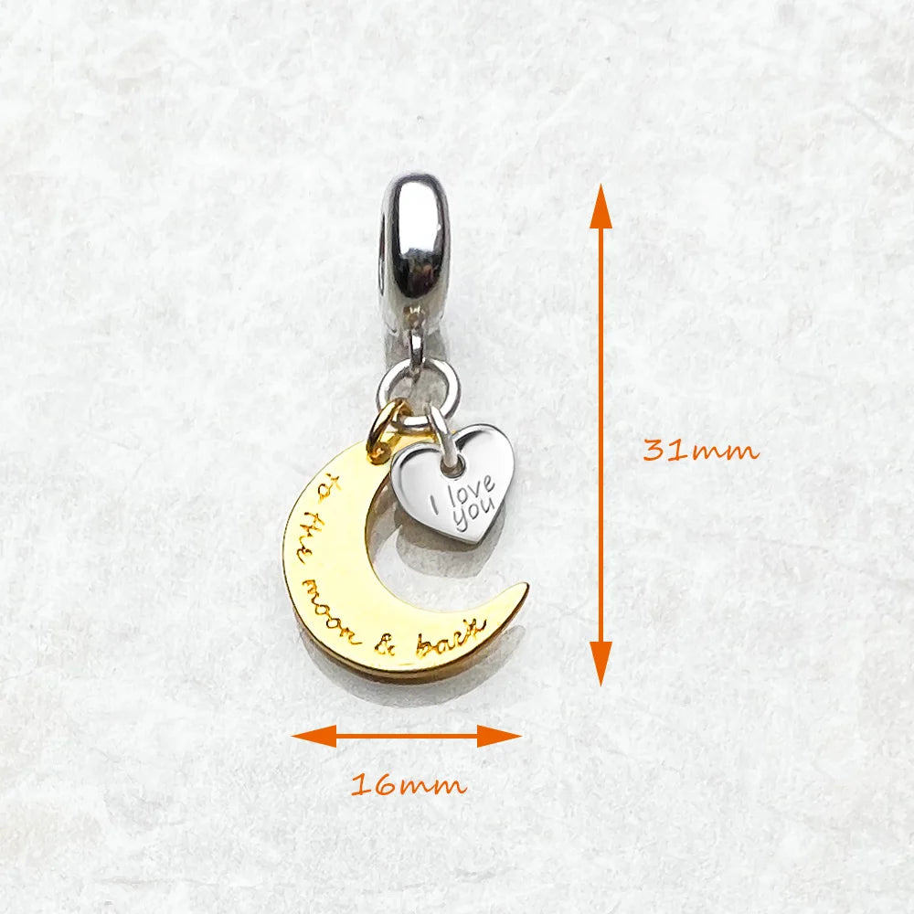 Mond-und-Herz-Charm-Anhänger, silberne Mondsichel und Herzanhänger an Öse, Maßangaben