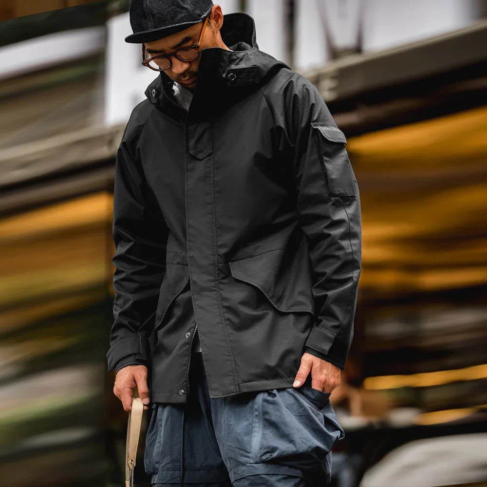 Herren Outdoor Sport Kapuzenjacke Windjacke Motorrad Stil Mittellanger Mantel Taschen Herbst