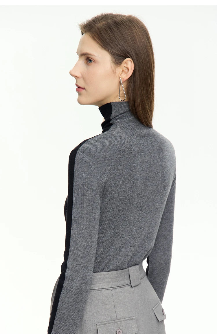 Damen-Rollkragenpullover Wolle-Mix Patchwork schlank Winter