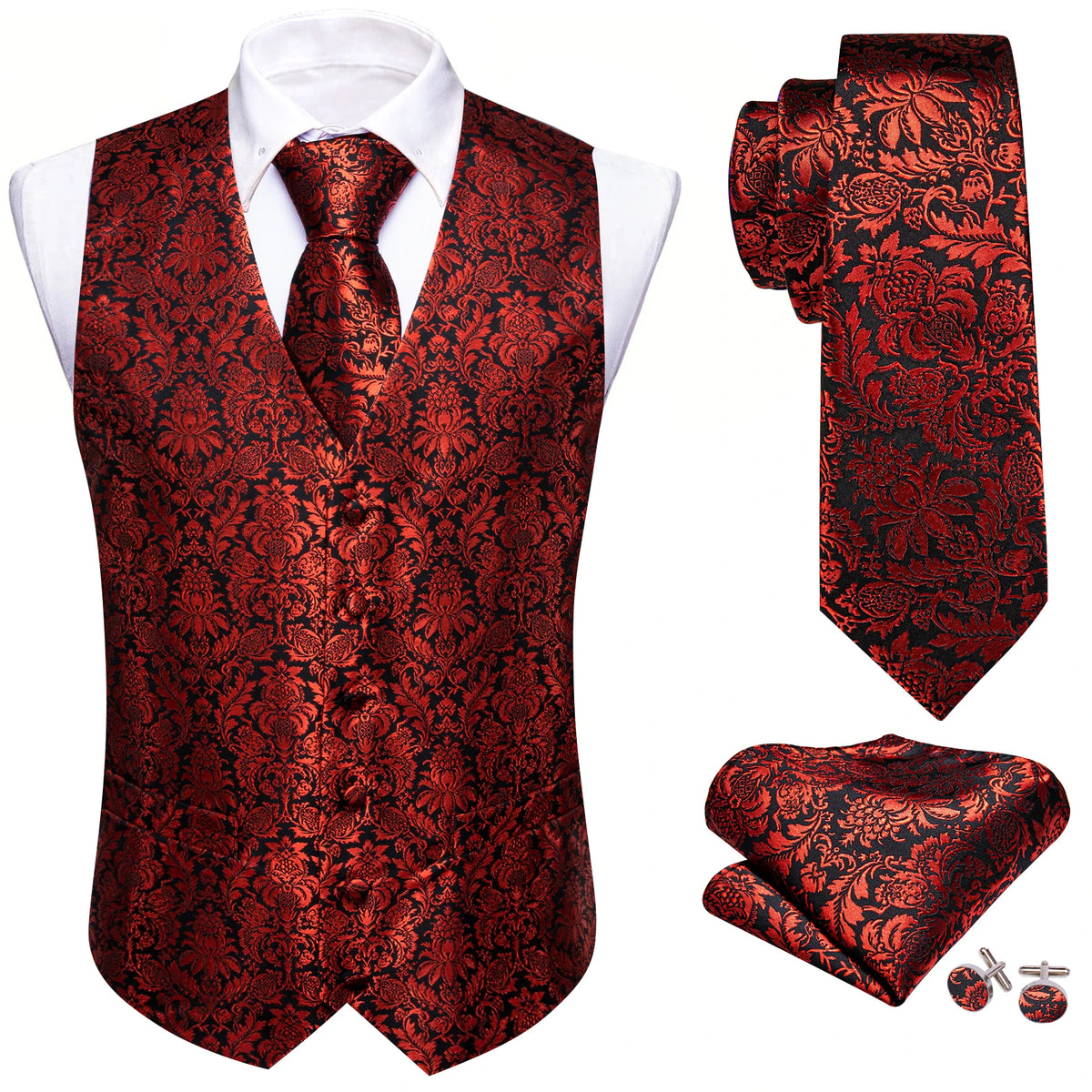 Seidenweste-Set für Herren: rot-schwarze Weste mit Barockmuster, inkl. Krawatte & Einstecktuch.