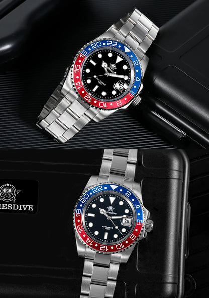 Herren Business-Automatikuhr 8215 Saphirglas 200m wasserdicht GMT Leuchtzeiger