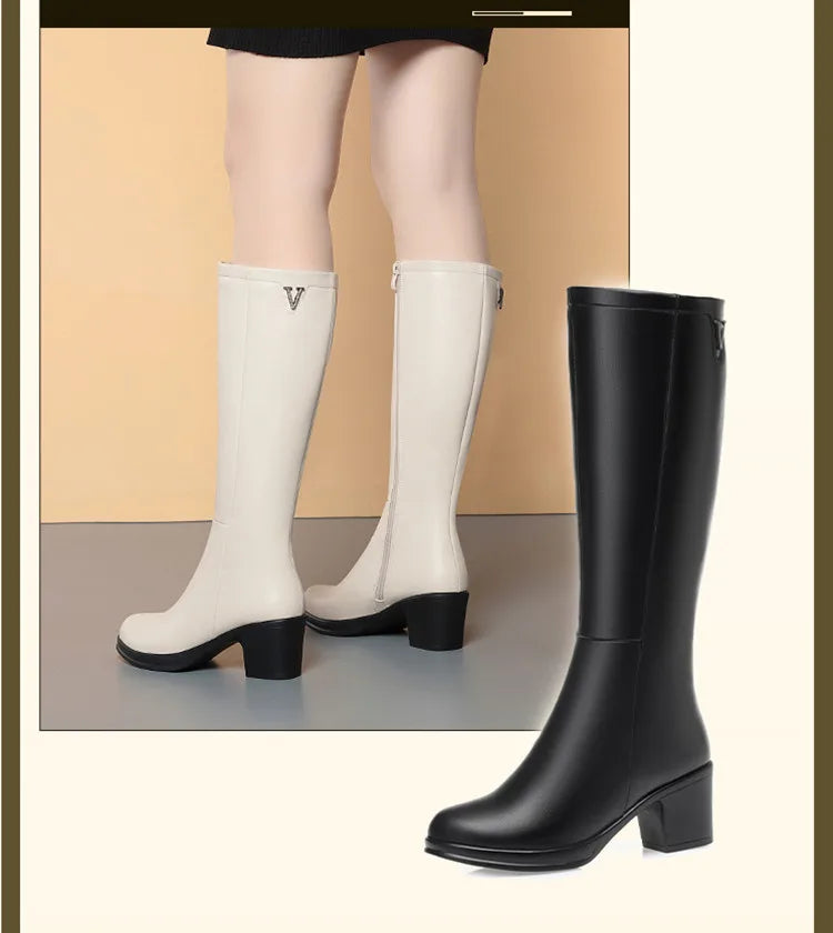 AIYUQI  Women Knight Boots Genuine Leather 2025 New Wool Warm Women Winter Boots Round Toe High Heels Fashion Women Long Boots