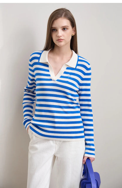 Damen V-Ausschnitt Pullover Streifen Stickerei Polo Kontrastfarben Herbst