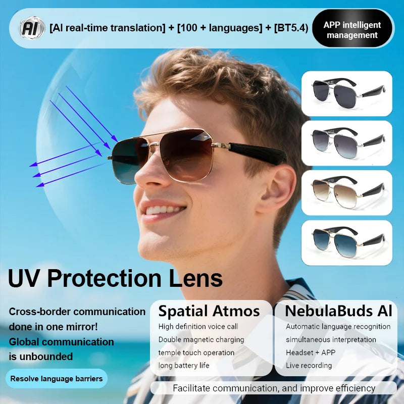 LIGE Intelligente Bluetooth-Brille AI Intelligente Übersetzung Echtzeit-Simultan-Interpretation Headset Drahtlose Anruf-Sonnenbrille