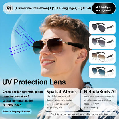 LIGE Intelligente Bluetooth-Brille AI Intelligente Übersetzung Echtzeit-Simultan-Interpretation Headset Drahtlose Anruf-Sonnenbrille