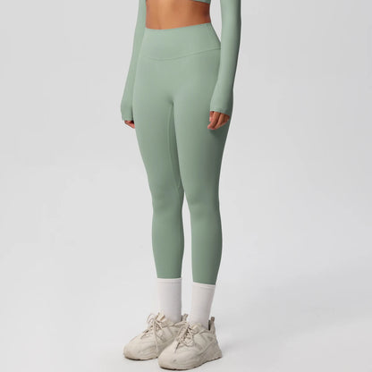 Damen-Yoga-Leggings in Salbeigrün, 3/4-Ansicht, hoch geschnittener Bund