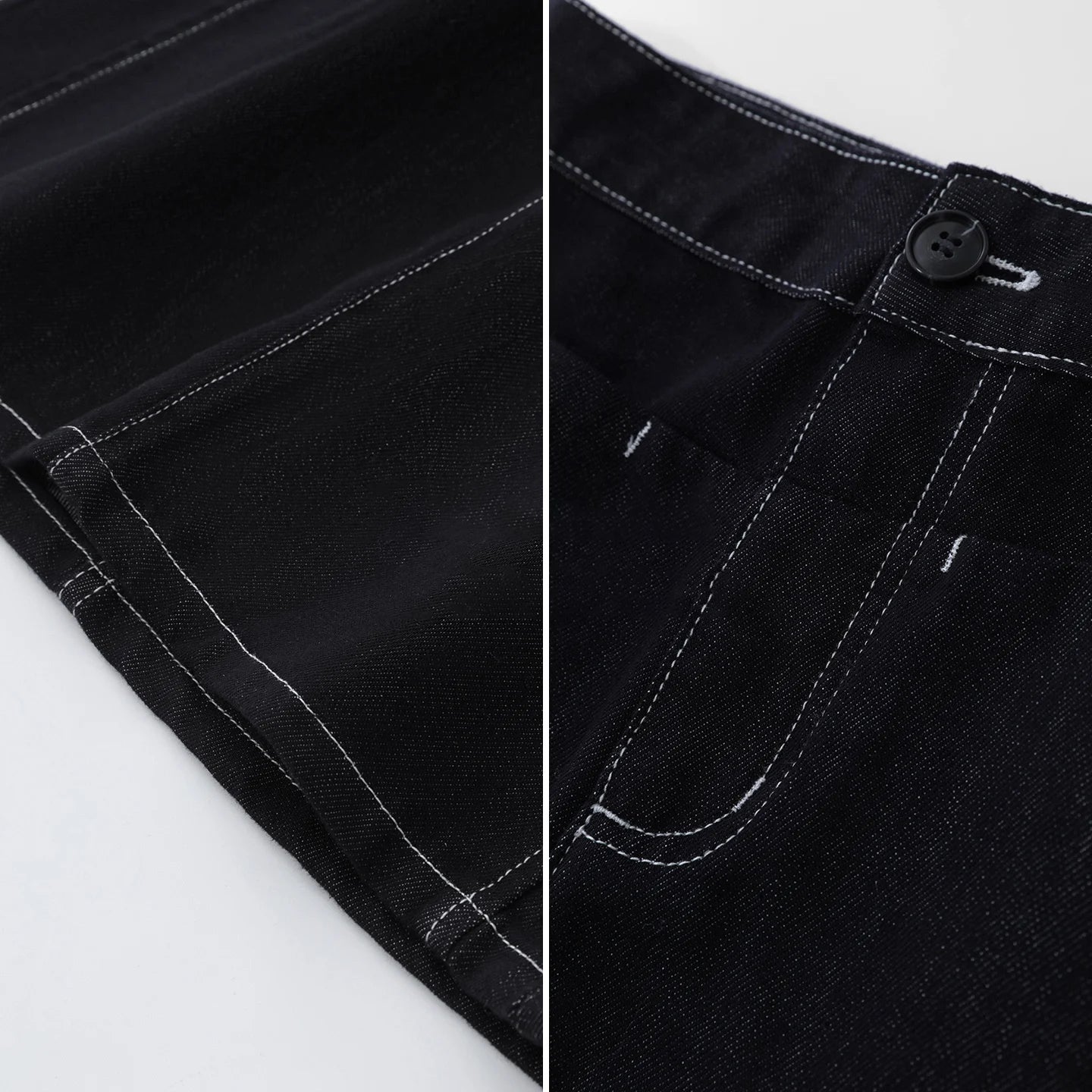Nahaufnahme: Dunkler Denimrock mit Taschen, Ziernähten und Knopf am Bund
