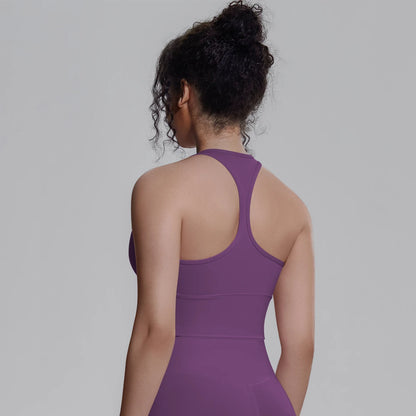 Damen Yoga-Top, ärmellos, lila Racerback-Top von hinten