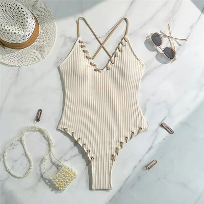 Damen Badeanzug V-Ausschnitt Rippen Kreuzrücken hoher Beinausschnitt Monokini 5 Farben