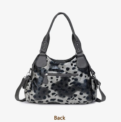 Damen-Hobo-Tasche aus gewaschenem Leder mit grau-Leoparden-Print und mehreren Fächern und viel Stauraum
