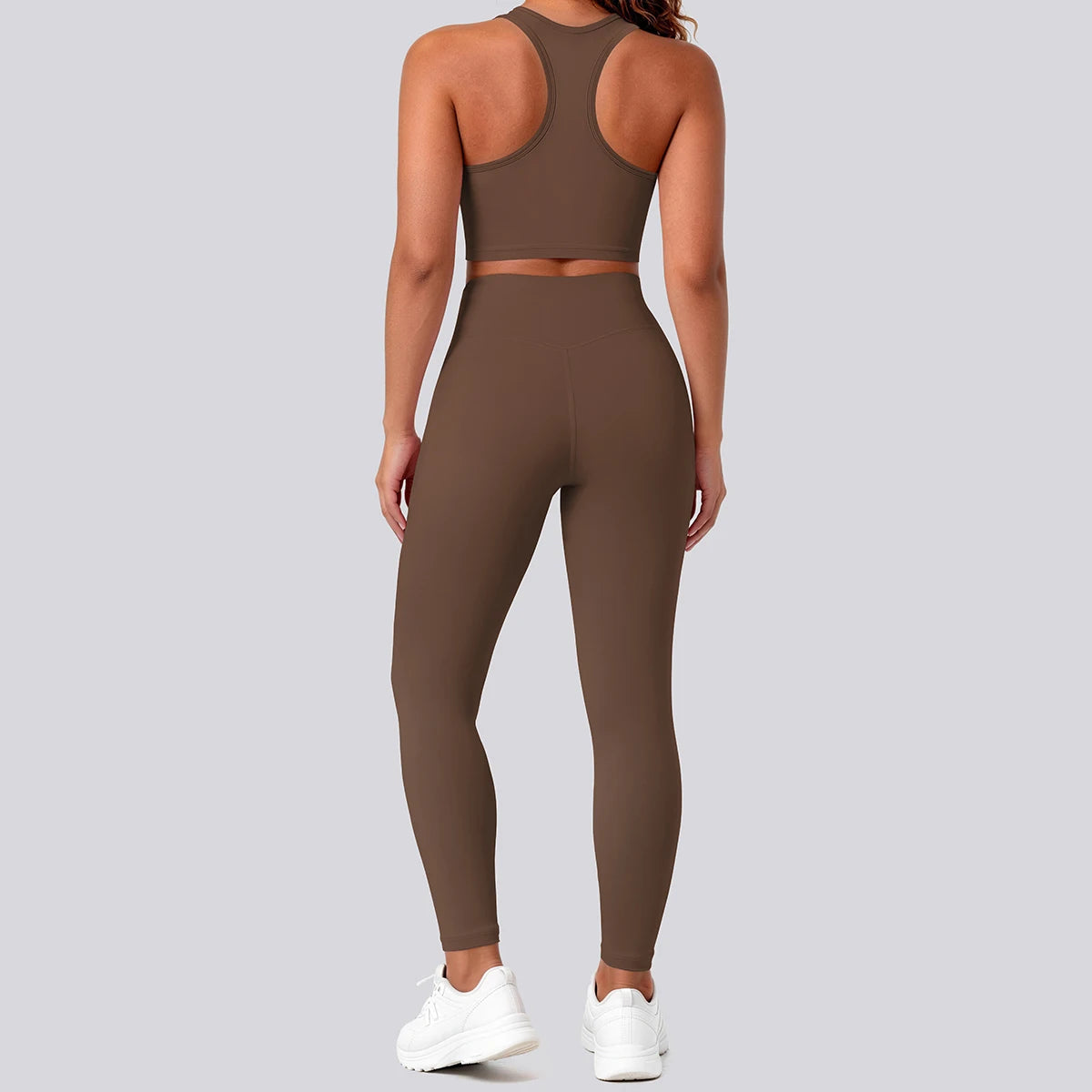 Nahtfreies Yoga-Set mit Sport-BH und Leggings in Braun, Rückenansicht