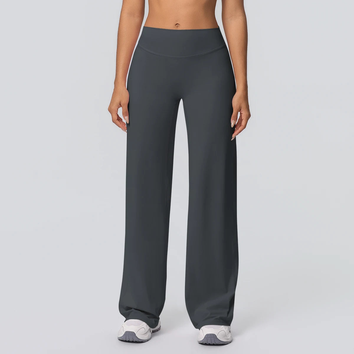 Damen Yoga-Hose, dunkelgrau, hoher Bund, gerade weit fallend, atmungsaktiv
