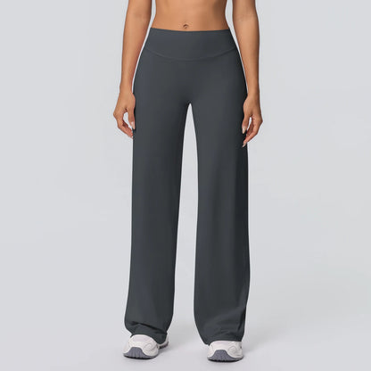 Damen Yoga-Hose, dunkelgrau, hoher Bund, gerade weit fallend, atmungsaktiv