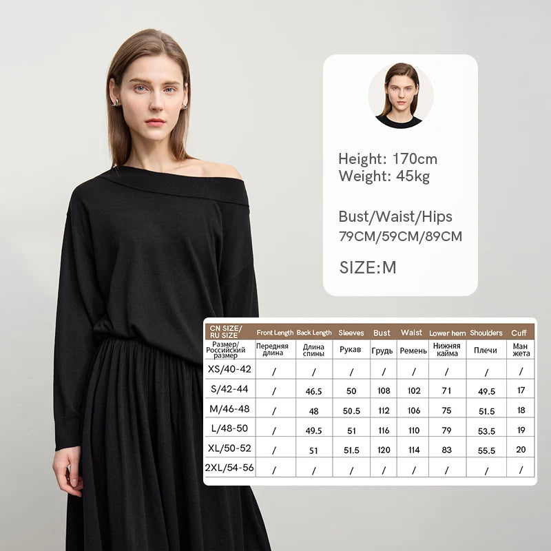 Schulterfreier Pullover aus Strick, schwarzer Langarm mit gerafftem Saum