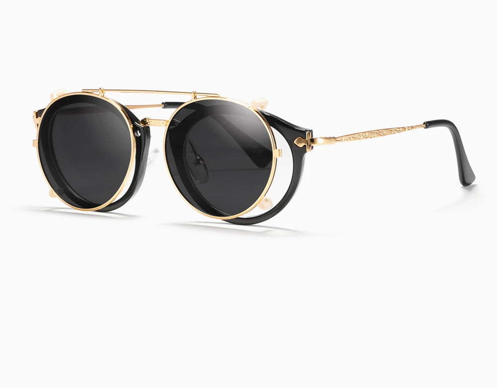 Sonnenbrille rund Steampunk Clip-On abnehmbar polarisiert Markenbox Herren