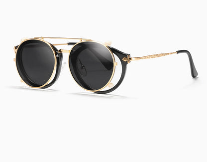 Sonnenbrille rund Steampunk Clip-On abnehmbar polarisiert Markenbox Herren
