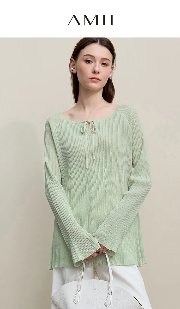 Damenpullover, Rippenstrick in mintgrün, Rundhals mit Bindeband, lange Glockenärmel