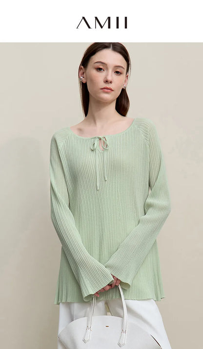 Damenpullover, Rippenstrick in mintgrün, Rundhals mit Bindeband, lange Glockenärmel