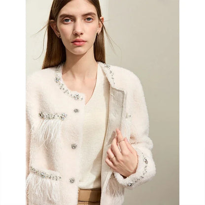 Damen Pelzmantel im neuen Luxus-Stil mit Rundhalsausschnitt und Taschen