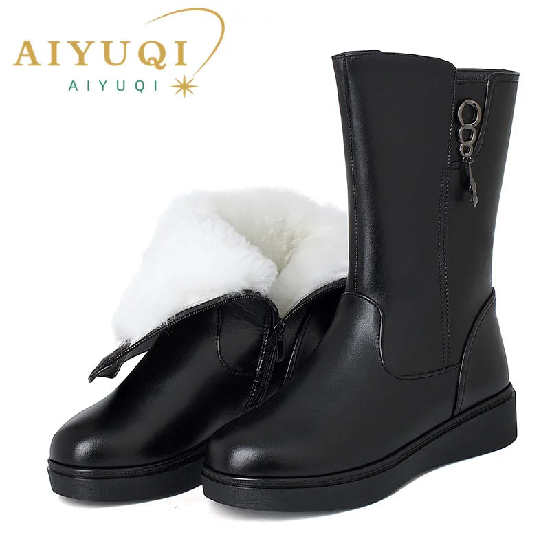AIYUQI Women's Winter Boots Wool 2025  New Large Size 41 42 43 Women's Snow Boots Wool Flat Women's Mid-Boots
