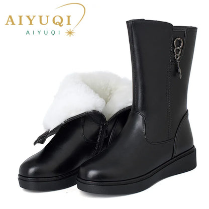 AIYUQI Women's Winter Boots Wool 2025  New Large Size 41 42 43 Women's Snow Boots Wool Flat Women's Mid-Boots