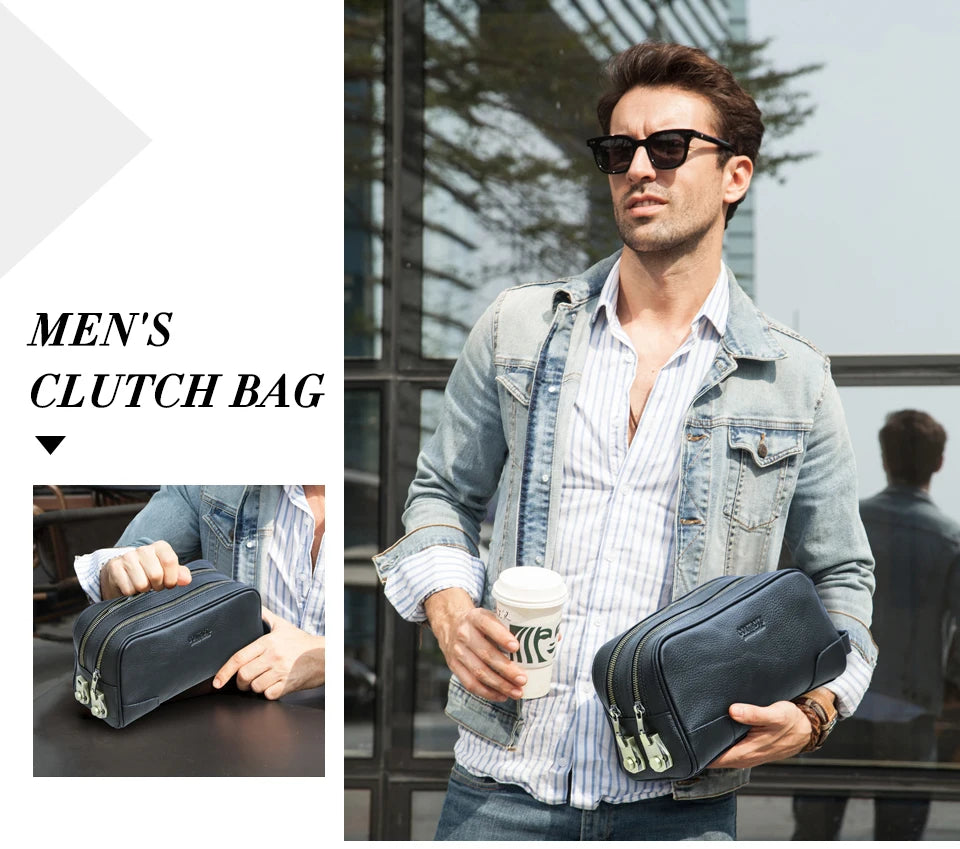 Herren-Clutch aus Leder, schwarz, am Riemen getragen; Metallcode-Schloss an der Front