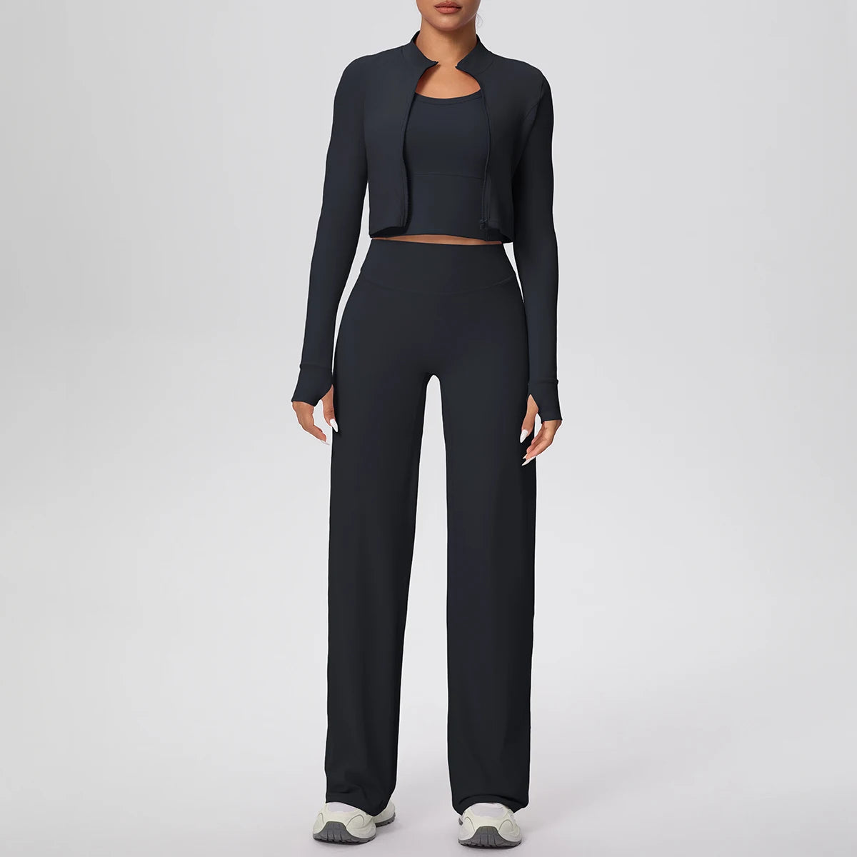 Schwarzes Yoga-Set für Damen: Crop-Jacke mit Reißverschluss und weite Hose, Frontansicht