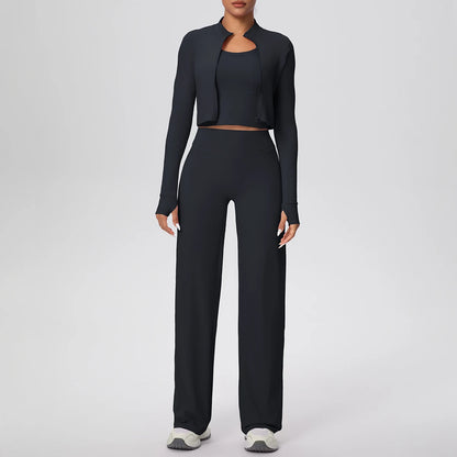 Schwarzes Yoga-Set für Damen: Crop-Jacke mit Reißverschluss und weite Hose, Frontansicht