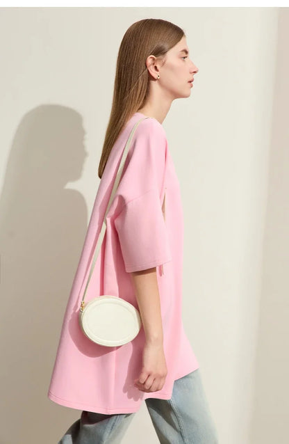 Damen Rundhals-T-Shirt im minimalistischen Stil mit lässiger Stickerei und kurzen Ärmeln