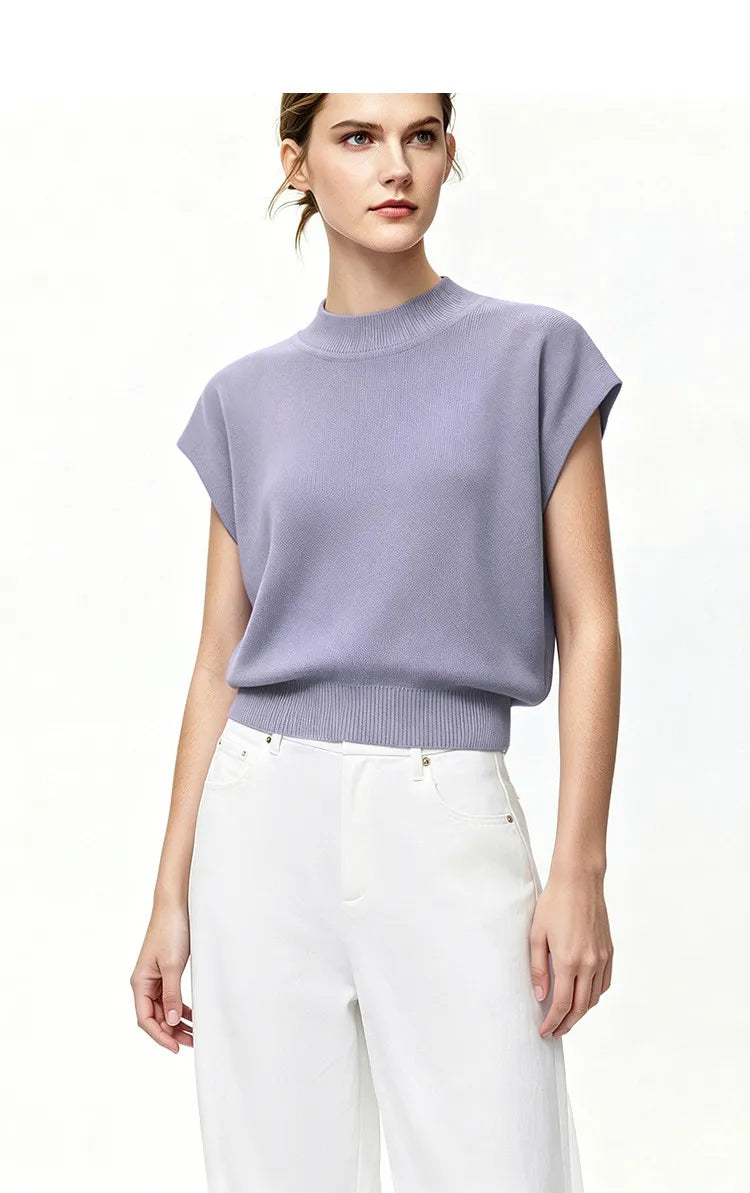 Damen-Crop-Strickpullover mit Stehkragen und kurzen Ärmeln, einfarbig, helllila