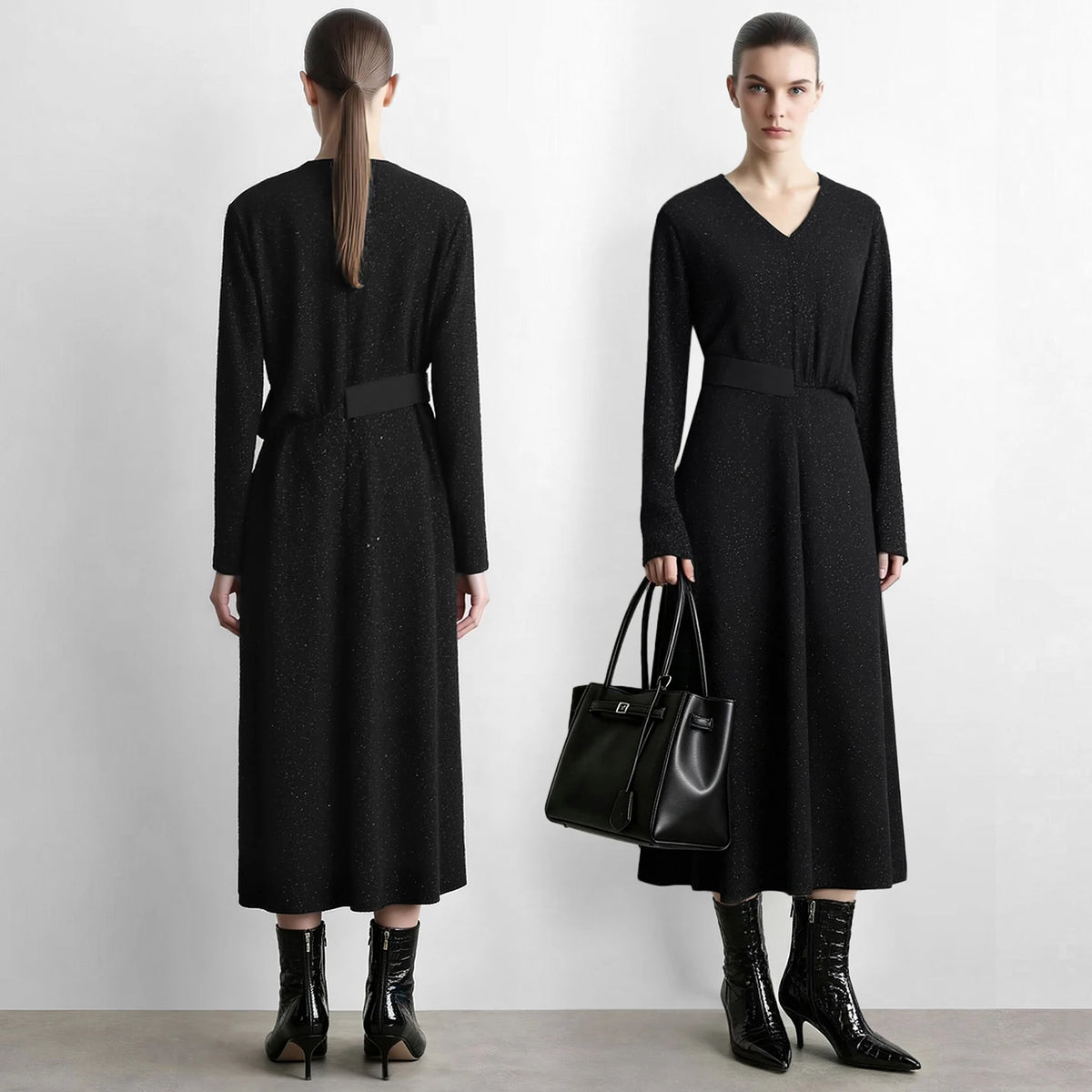 Schwarzes Strickkleid in Vorder- und Rückansicht mit Taillengürtel, Midi-Länge