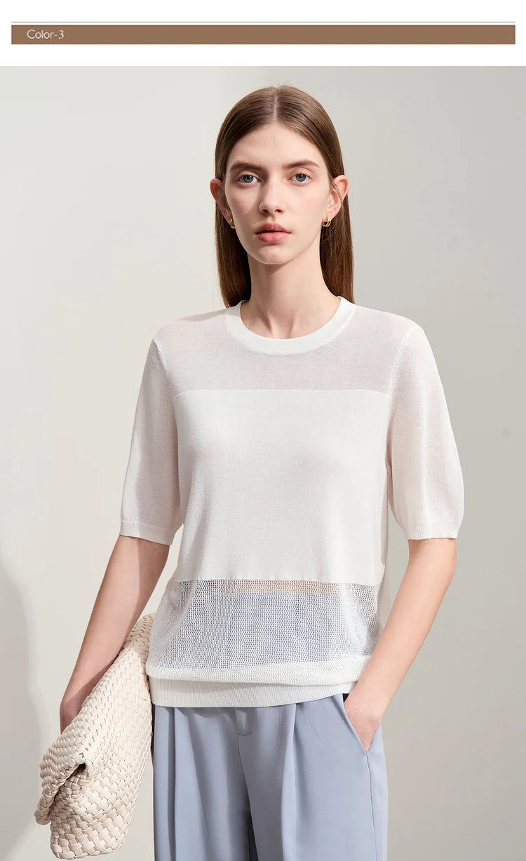Damen-Strickpullover mit O-Ausschnitt, kurzarm, beigetone Kontraststreifen unten