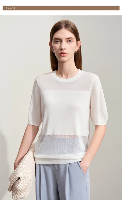 Damen-Strickpullover mit O-Ausschnitt, kurzarm, beigetone Kontraststreifen unten