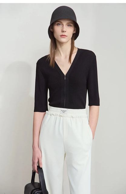 Damen V-Ausschnitt Strickjacke Slim Reißverschluss Viskose Herbst