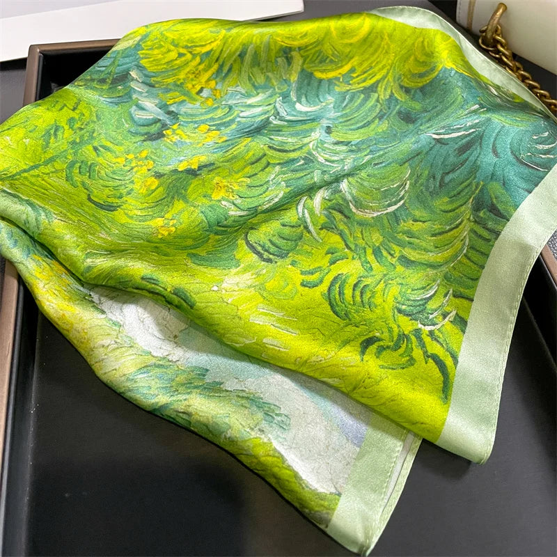 Damen Seidenschal quadratisch Blumen Luxus Haarband Bandana Taschenband Frühling