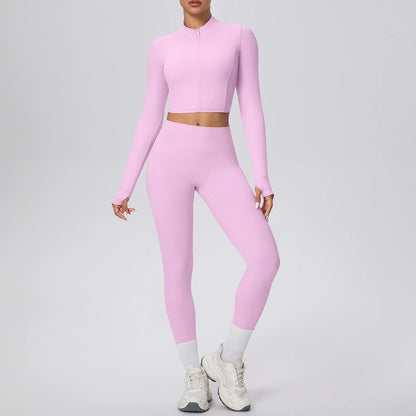 Hellrosa Damen-Yogaset: Sportshirt mit Reißverschluss und Leggings