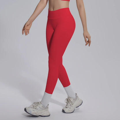 Nahtlose Yoga-Hose für Damen, rot, seitliche Ansicht, 7/8-Länge mit weißem Abschluss
