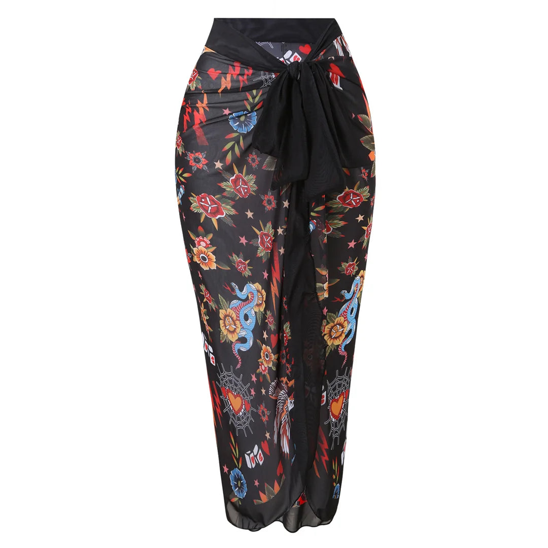 Damen-Badeanzug Blumen Langarm Sarong einteilig gepolstert