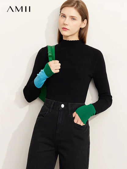 Damen-Halbrollkragen-Pullover Slim Farbkontrast Wolle-Mix Winter