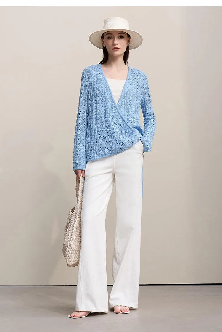 Damen-Strickjacke V-Ausschnitt Wolle Hohlstrick locker Langarm Frühling