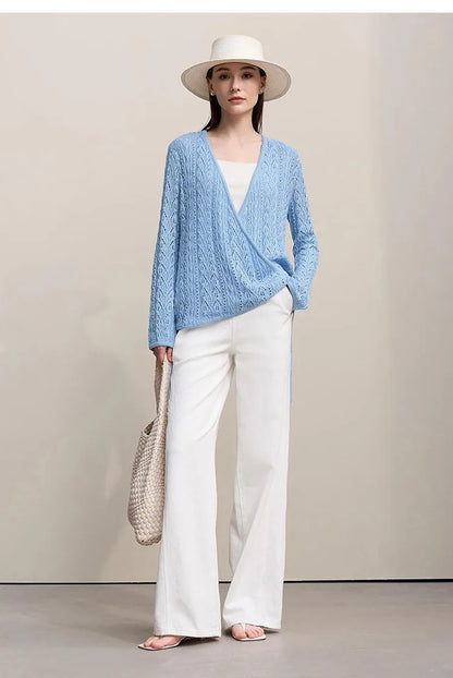 Damen-Strickjacke V-Ausschnitt Wolle Hohlstrick locker Langarm Frühling
