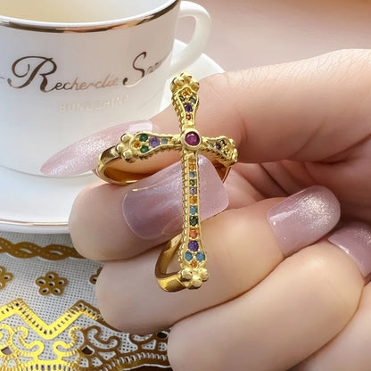 Damen-Ring Kreuz bunt vergoldet viktorianisch aus Sterlingsilber
