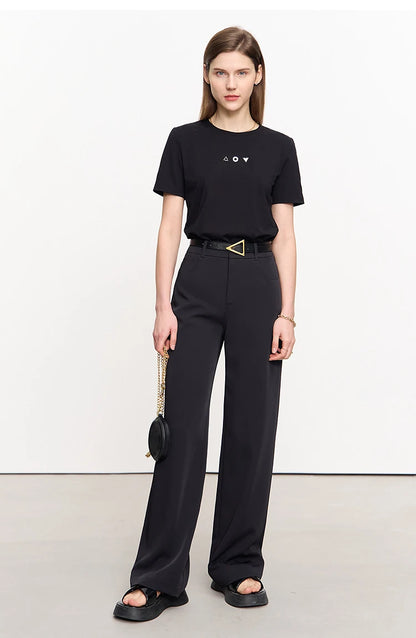Damen T-Shirt mit O-Ausschnitt und geometrischer Dekoration aus antibakterieller Baumwolle