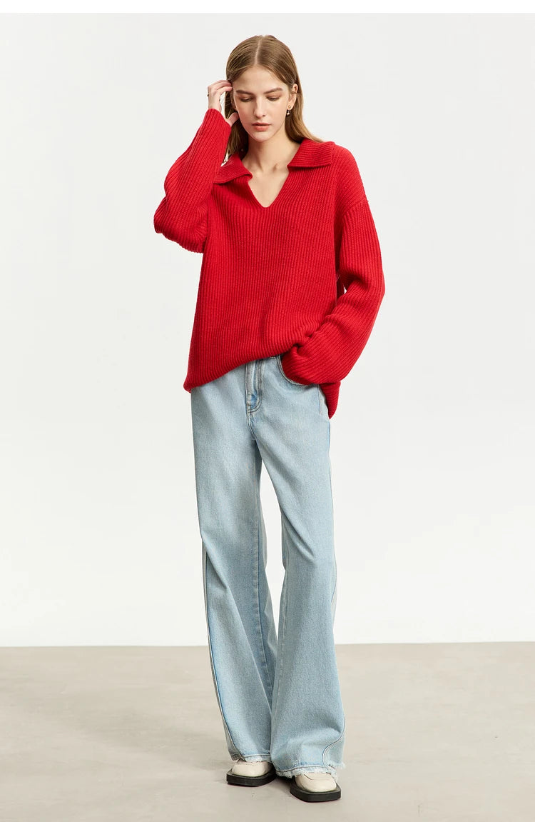 Damen V-Ausschnitt Pullover Acryl French Lazy Style lang Winter