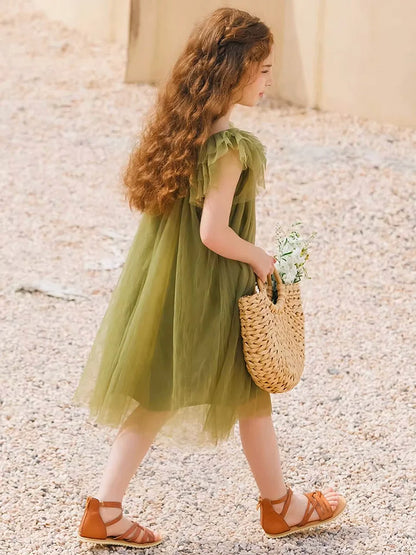 Beiges Sommerkleid für Mädchen im französischen Prinzessinnenstil mit kurzen Ärmeln – ideal für Geburtstagsfeiern und Hochzeiten, geeignet für Kinder von 110 cm bis 170 cm